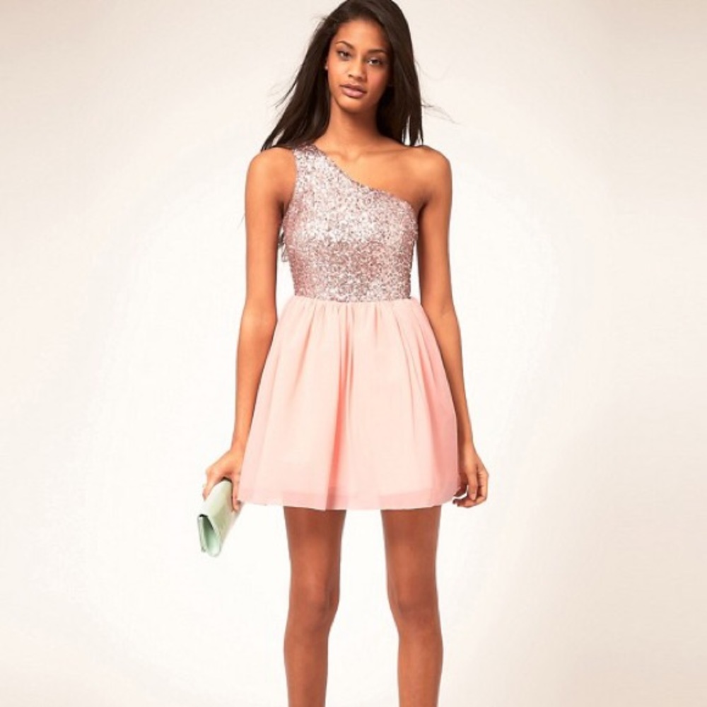 Pink sequin one shoulder skater mini